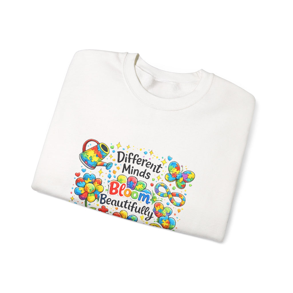 Autism Awareness Crewneck Sweatshirt — “Different Minds Bloom Beautifully” Colorful Puzzle Flower Design