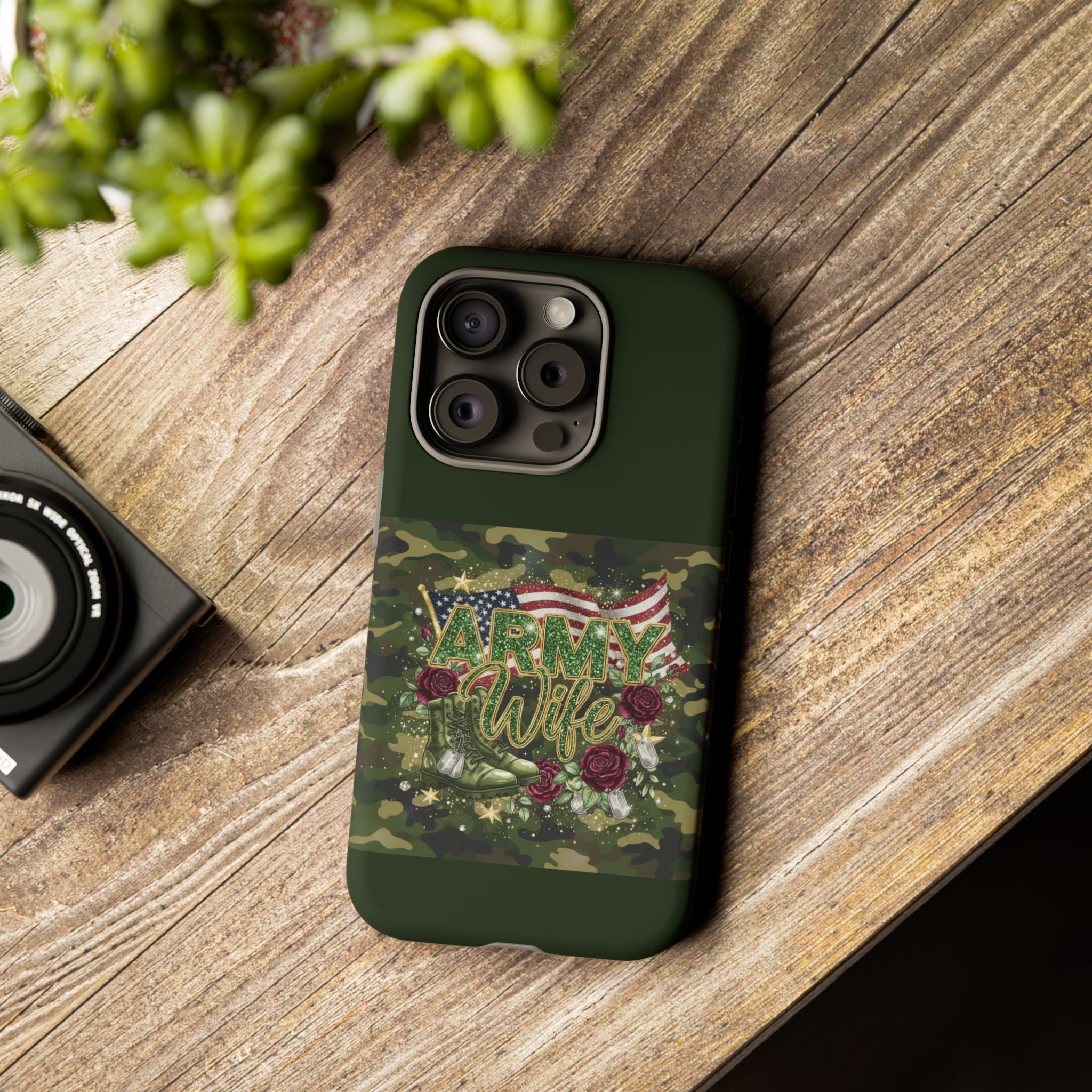 Army Wife Tough Phone Case — Camo Flag Design with Roses