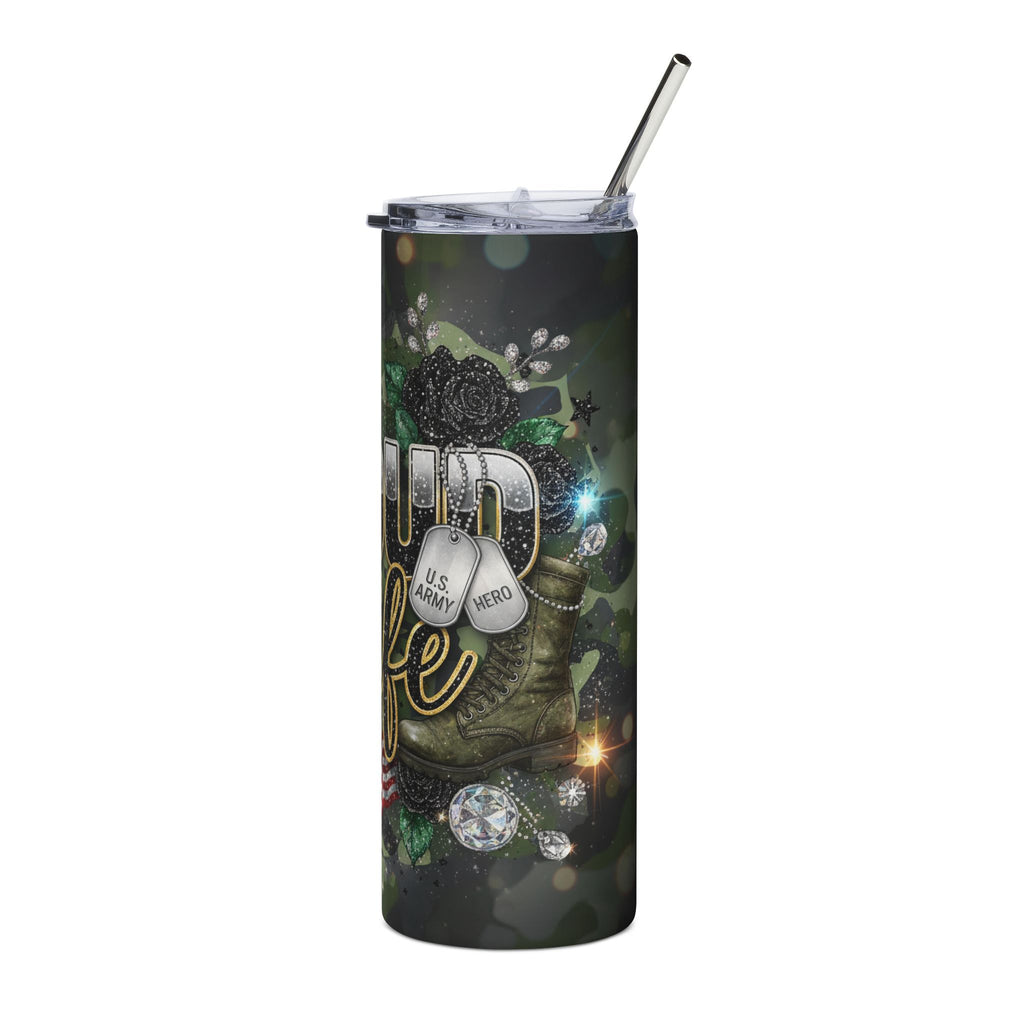 Proud Military Wife 20oz Stainless Steel Tumbler - Camo Flag Design