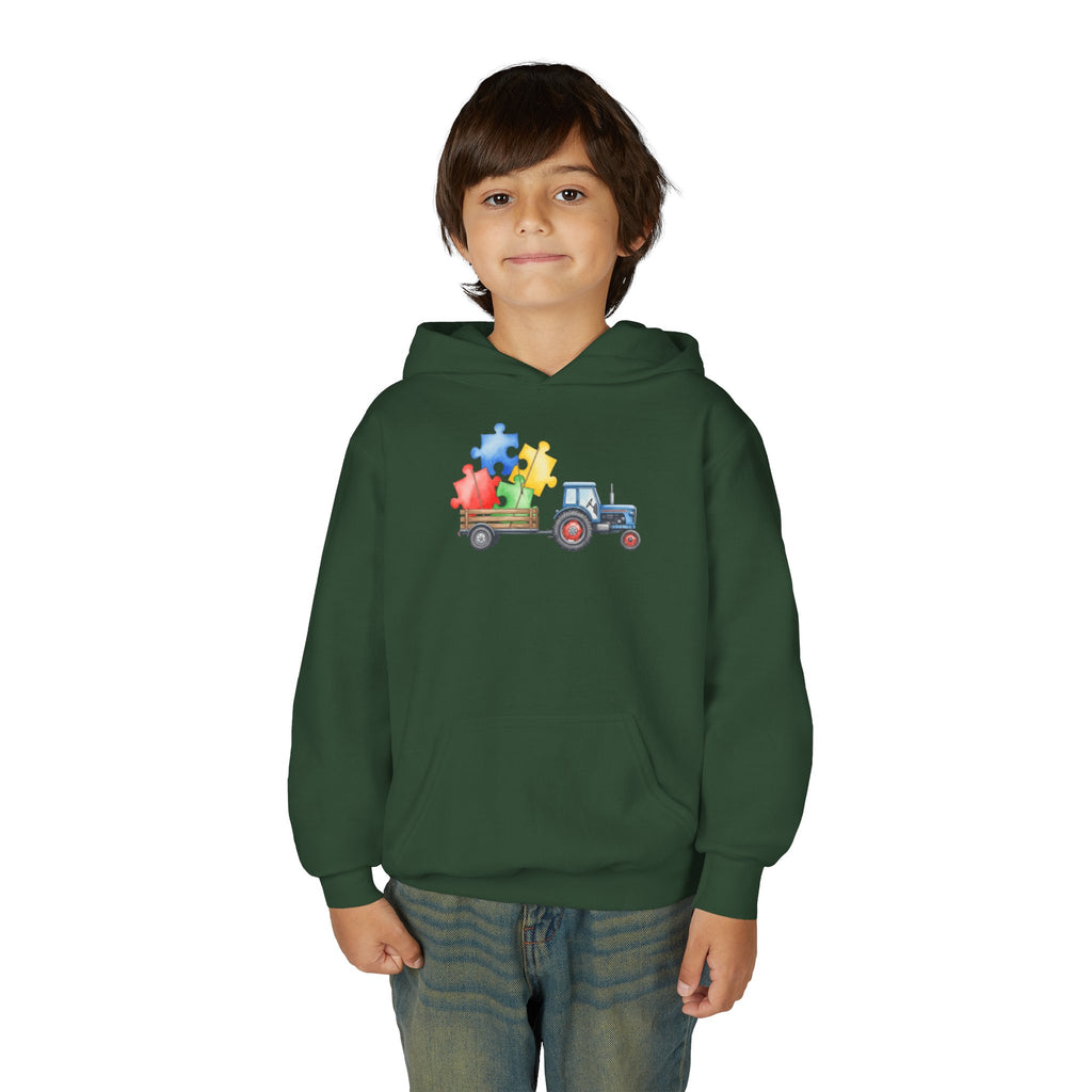 Kids Tractor Hoodie with Colorful Puzzle Pieces — Autism Awareness Youth Sweatshirt