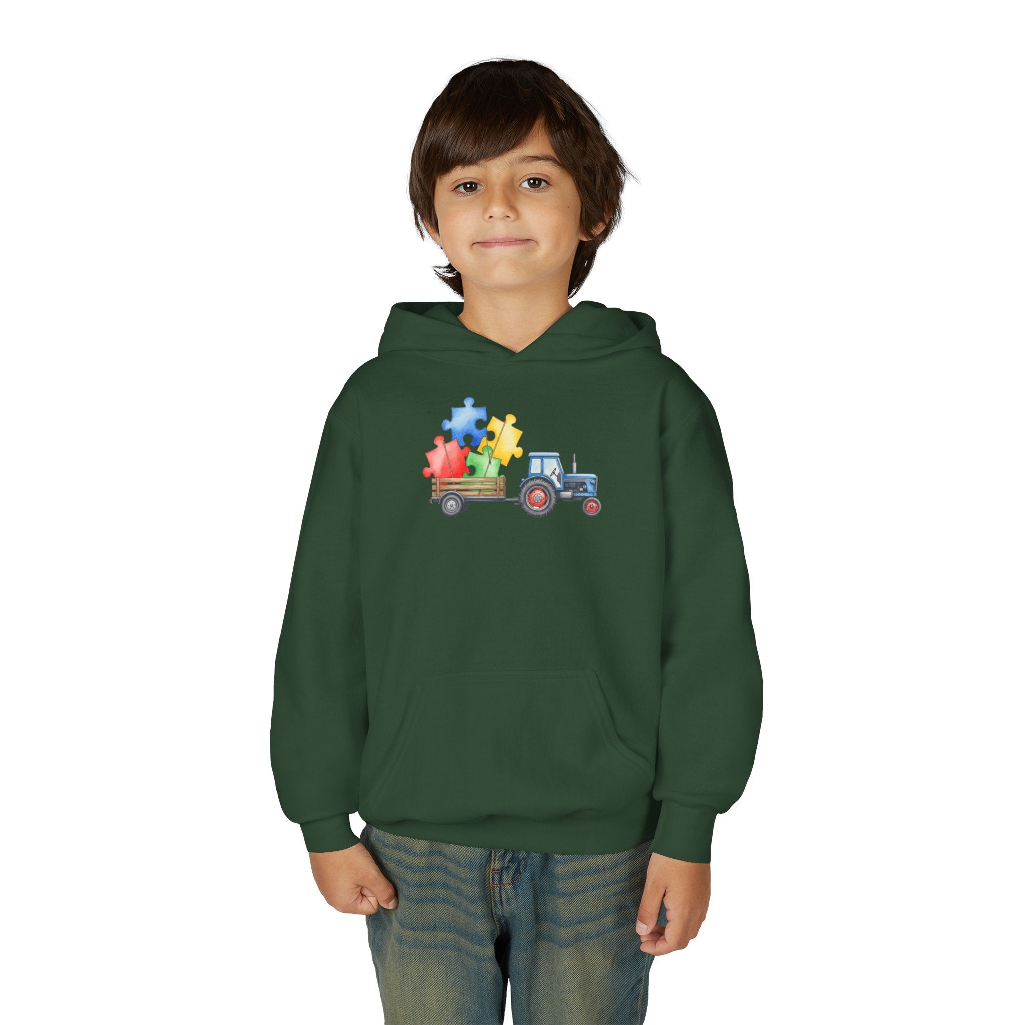 Kids Tractor Hoodie with Colorful Puzzle Pieces — Autism Awareness Youth Sweatshirt