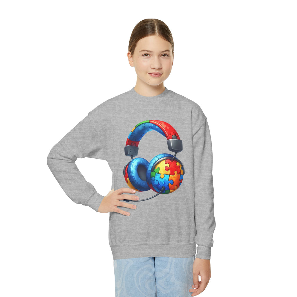 Youth Crewneck Sweatshirt — Colorful Headphones with Puzzle Heart Graphic (Autism Awareness)