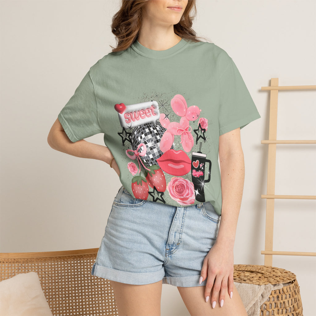 Sweet Kitsch Graphic T-Shirt — Pink Hearts, Lips & Strawberry Design