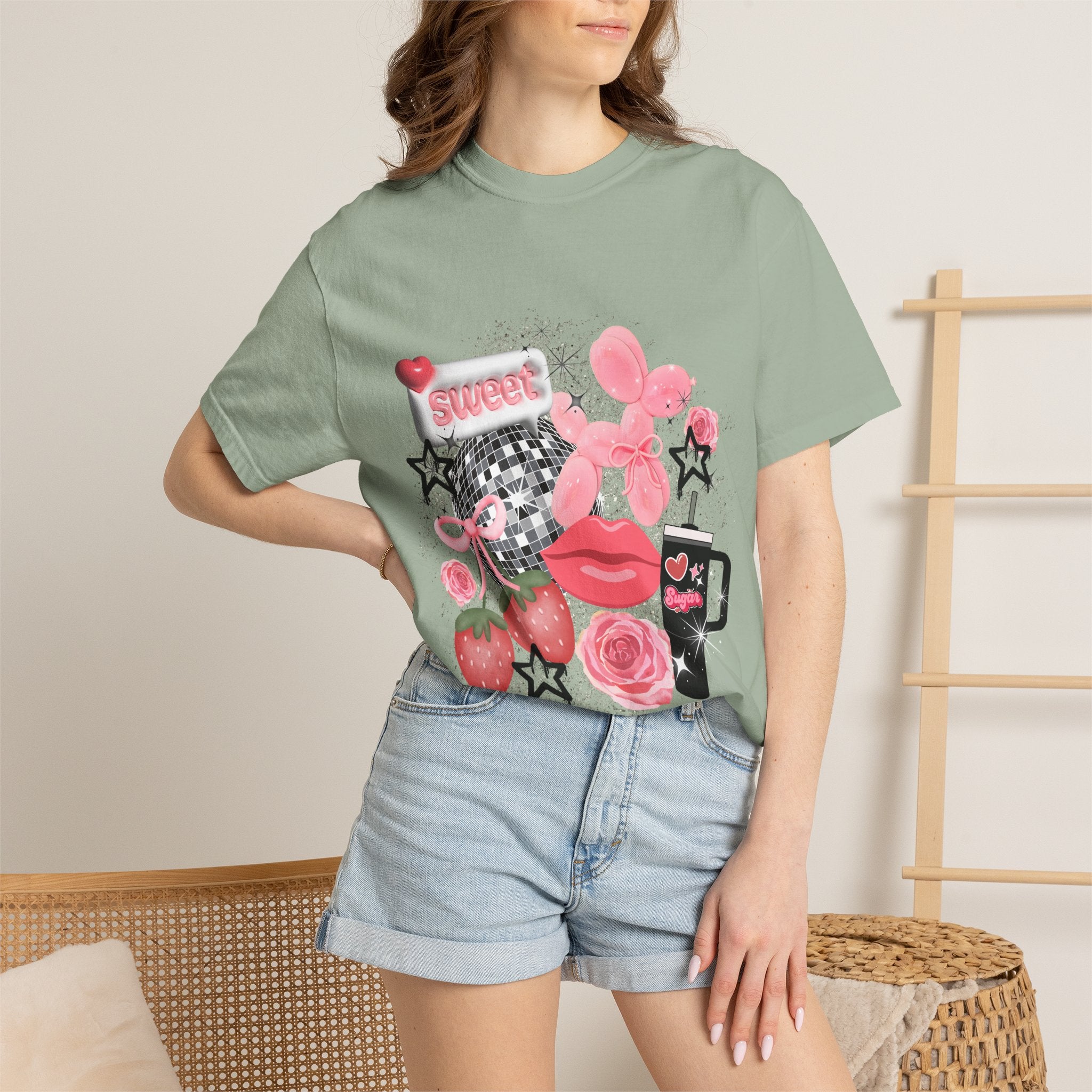 Sweet Kitsch Graphic T-Shirt — Pink Hearts, Lips & Strawberry Design