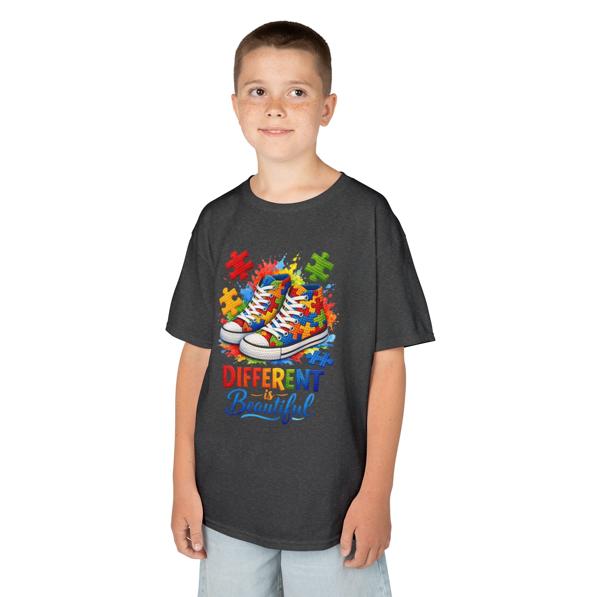 Kids T‑Shirt — 'Different Beautiful' Autism Awareness Sneakers Design