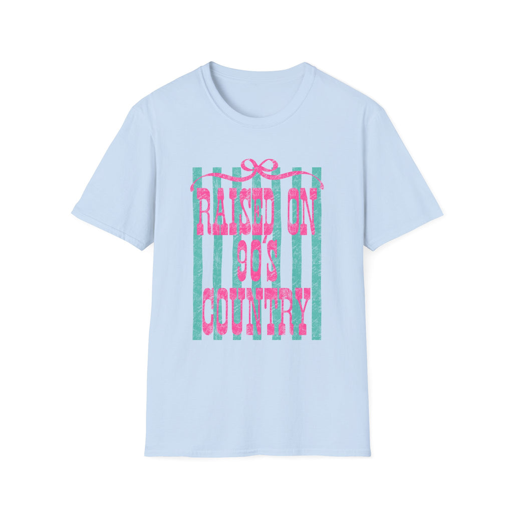 Raised On Rock & Country T-Shirt — Pink Teal Striped Graphic Tee
