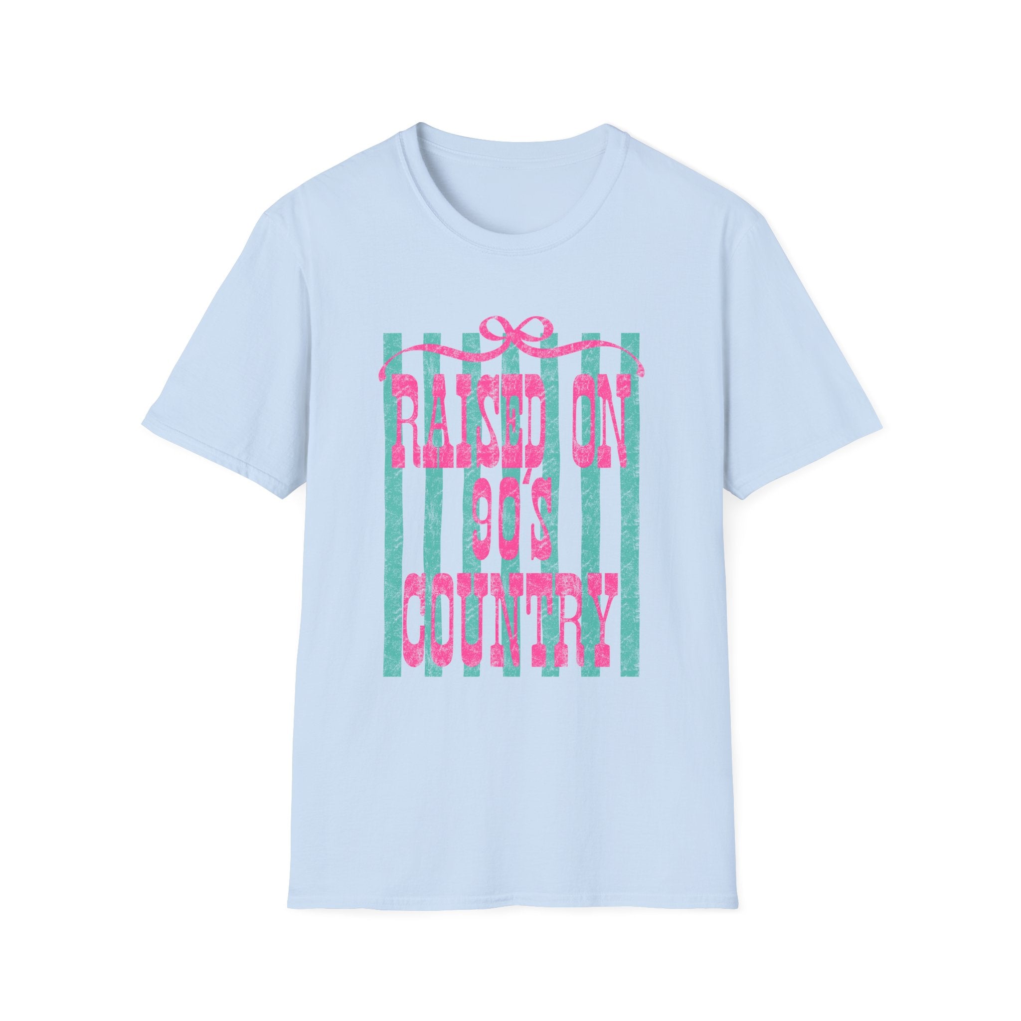 Raised On Rock & Country T-Shirt — Pink Teal Striped Graphic Tee