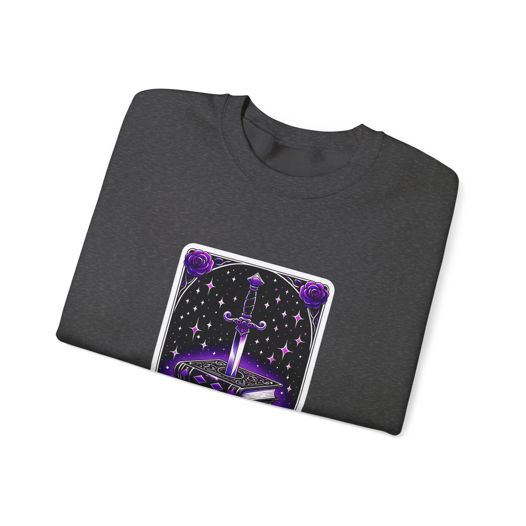 Crewneck Sweatshirt — The Bookish Witch: 'The Enchanted Book Club' Purple Sword & Books Graphic