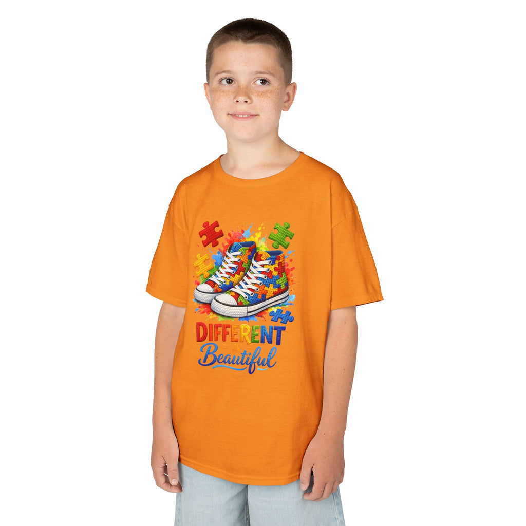 Kids T‑Shirt — 'Different Beautiful' Autism Awareness Sneakers Design