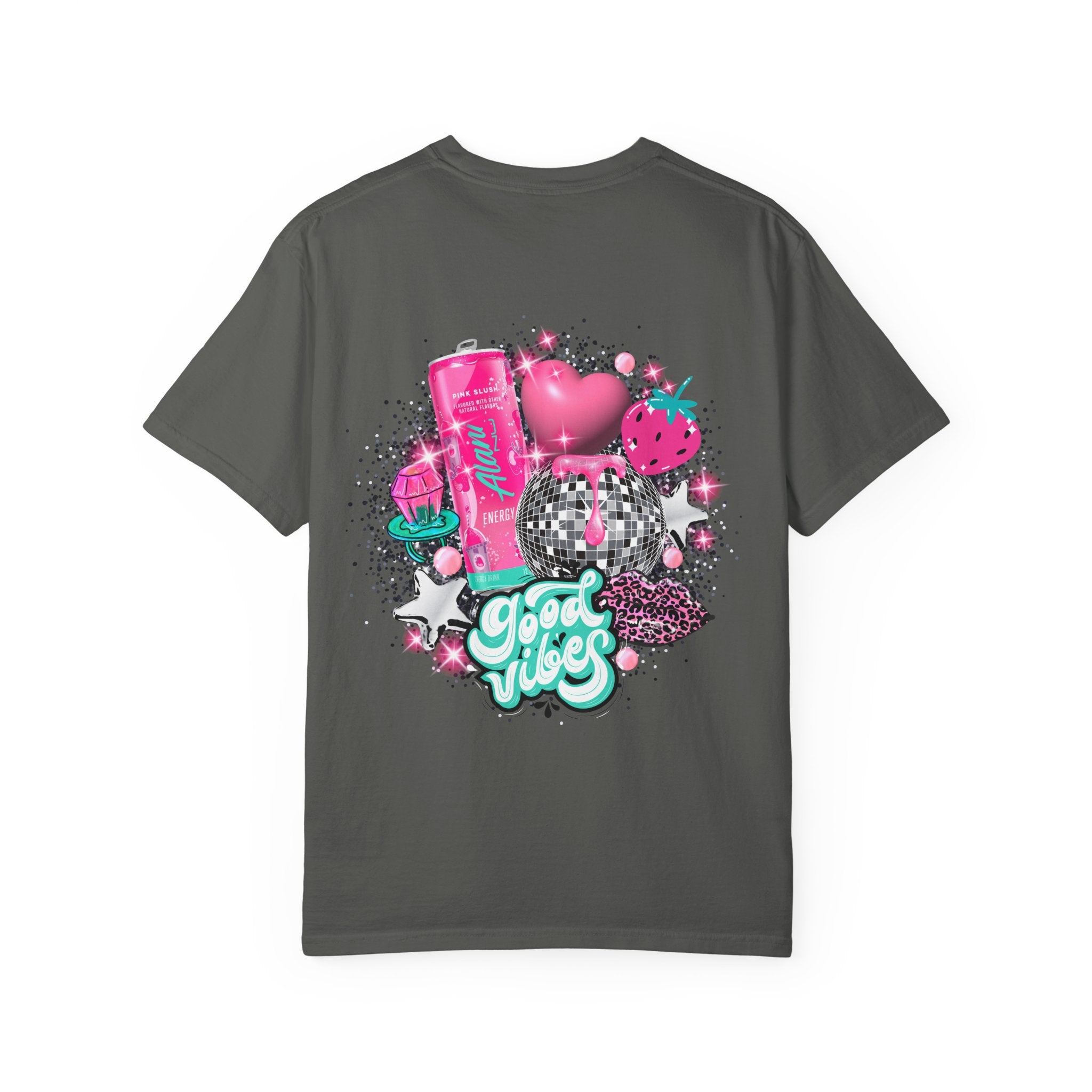 Good Vibes Graphic T-Shirt — 'Alani Nu' Chest Text, Pink Disco Back Design