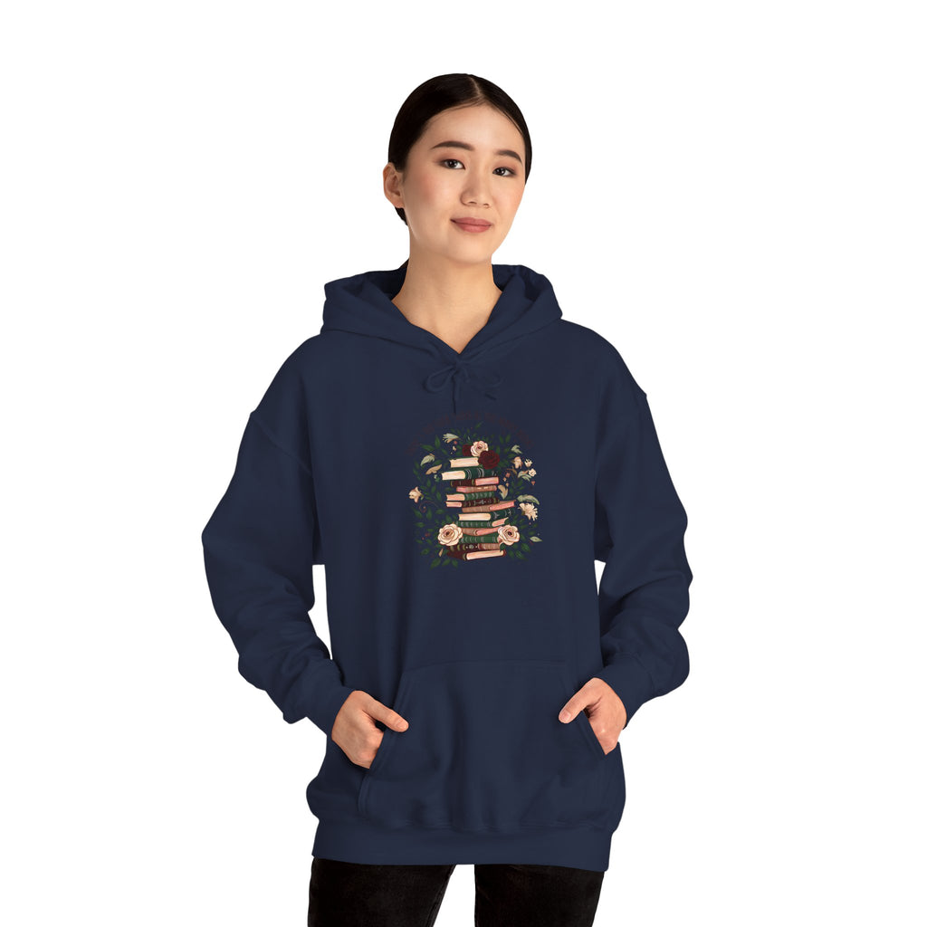 Cozy Reading Stack Hoodie — Floral Bookshelf Design