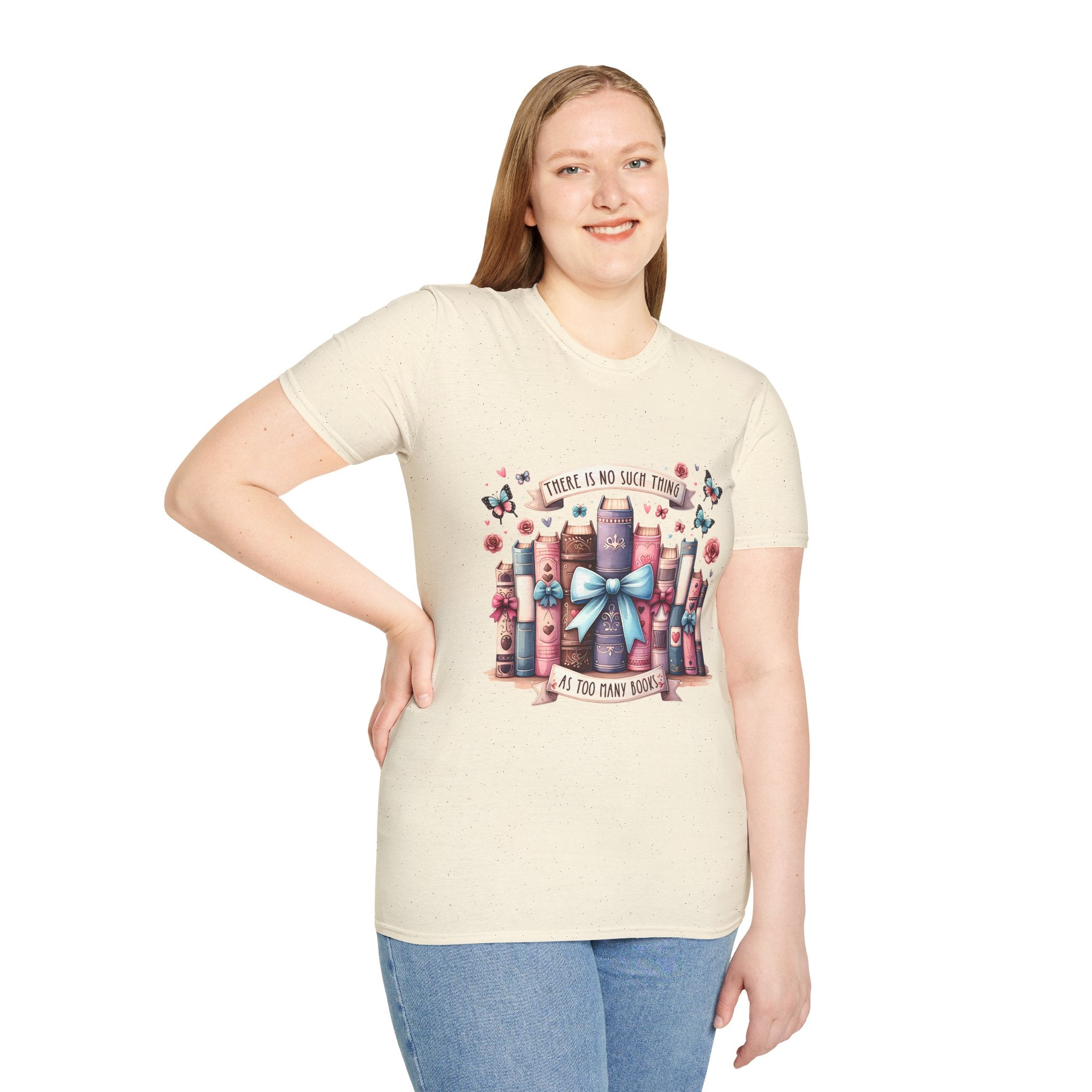 Book Lover T-Shirt — "There Is No Such Thing As Too Many Books" Illustrated Stack Design