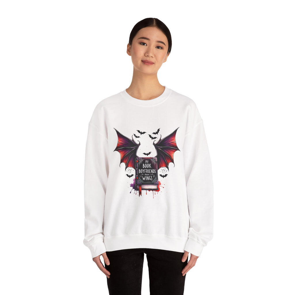 Bat Wings Book Lover Sweatshirt – "My Book Boyfriend Has Wings" Gothic Reading Crewneck