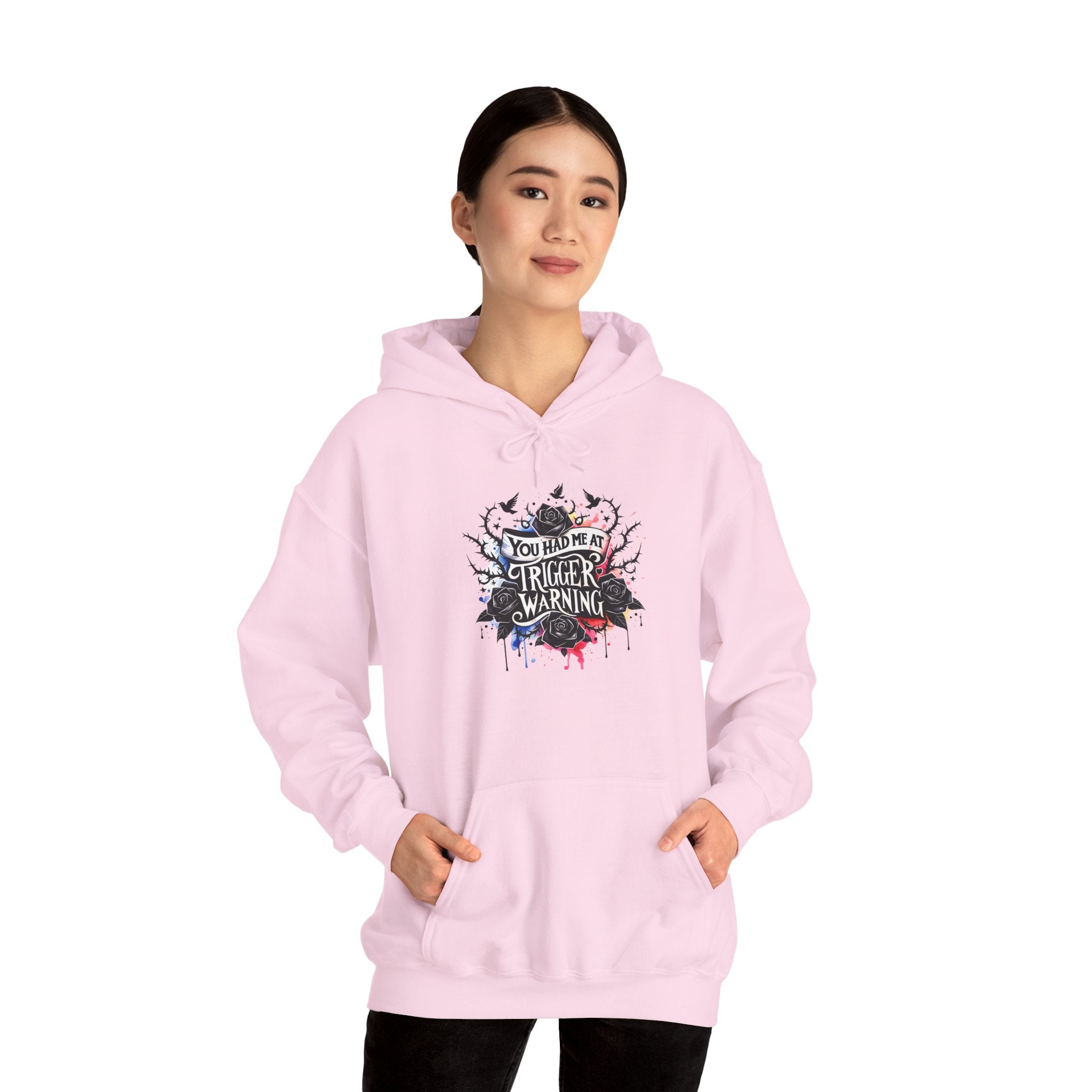 Trigger Warning Graphic Hoodie — Edgy Drip Paint Design
