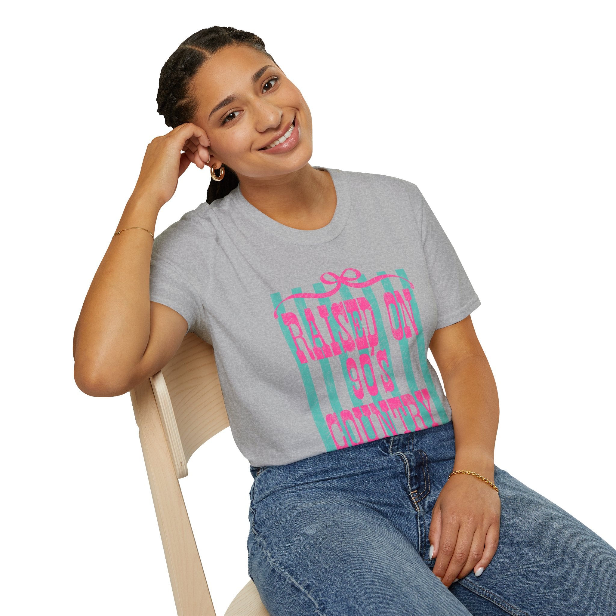 Raised On Rock & Country T-Shirt — Pink Teal Striped Graphic Tee