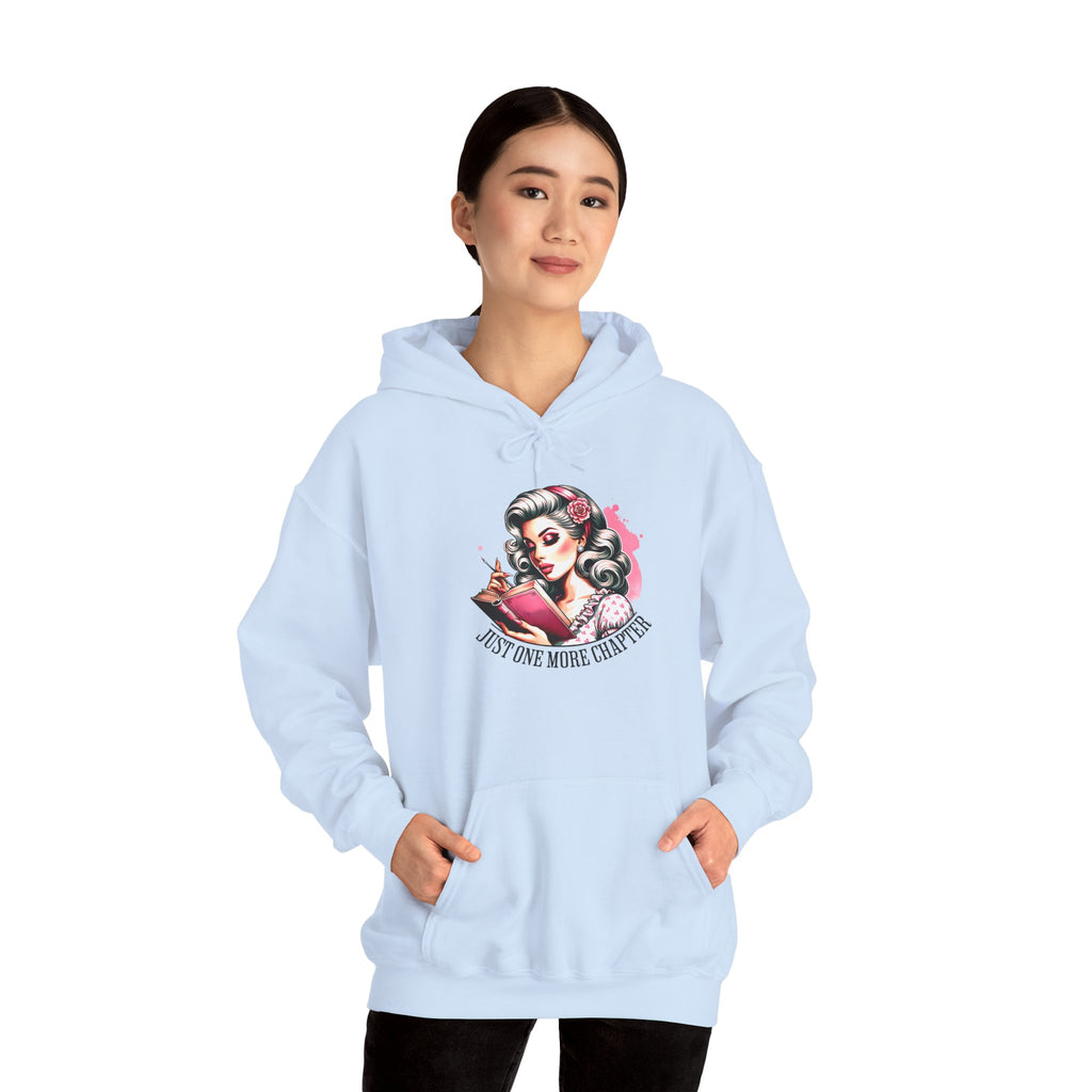 Hoodie — Retro Pin-Up Reader “Just One More Chapter” Cozy Book Lover Sweatshirt