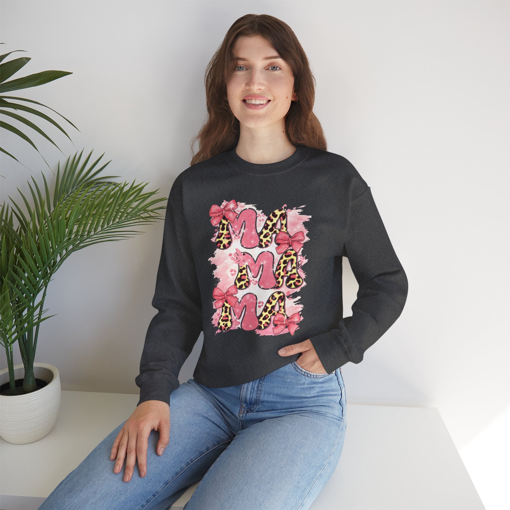 Sweatshirt — Pink Leopard “MOM” Design with Bows | Mother’s Day Cozy Crewneck