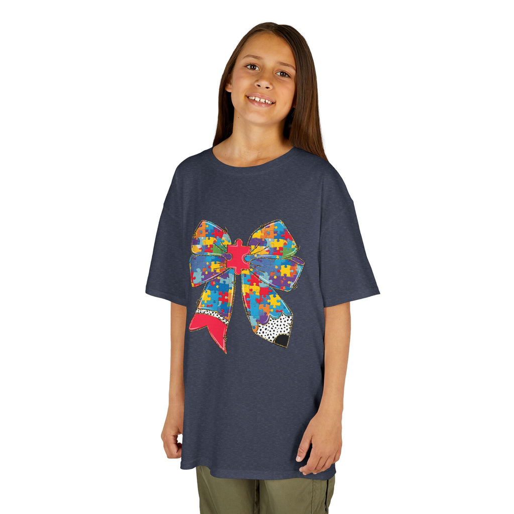 Autism Awareness Puzzle Bow Kids T‑Shirt – Autism Acceptance Gift