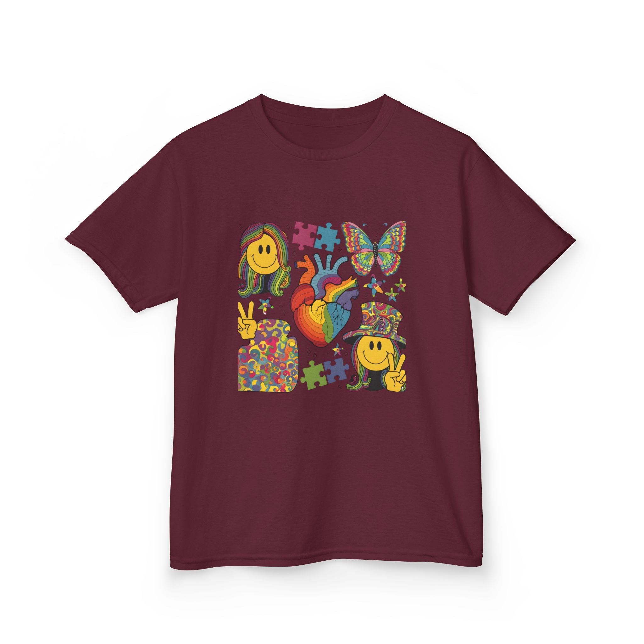 Kids Tee — Colorful Psychedelic Smiley & Puzzle Heart Graphic