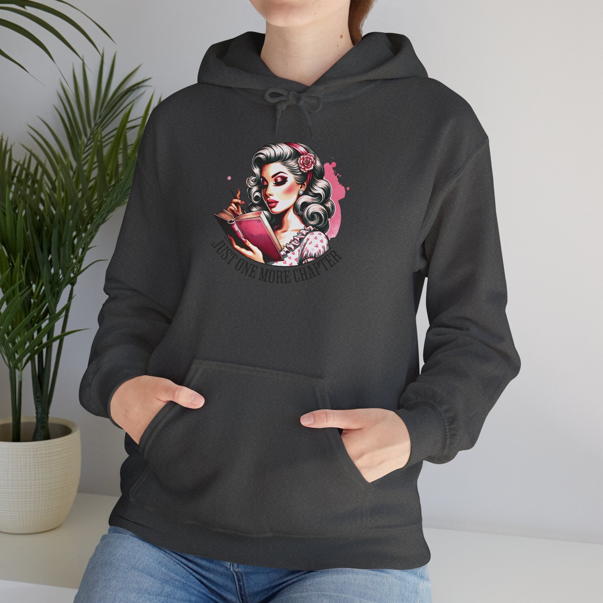 Hoodie — Retro Pin-Up Reader “Just One More Chapter” Cozy Book Lover Sweatshirt