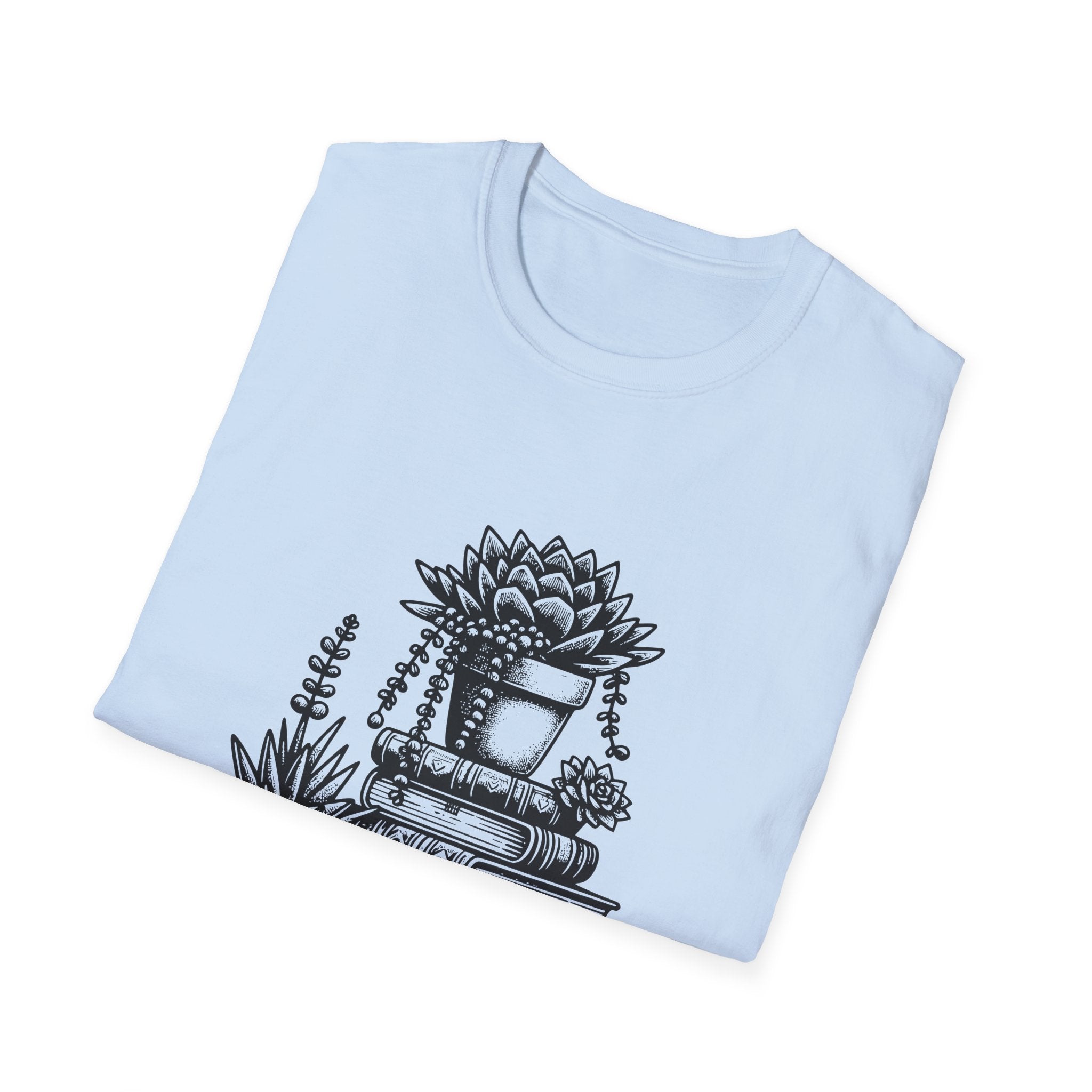 T-Shirt — "Just a Girl Who Loves Books" Floral Succulent Stack
