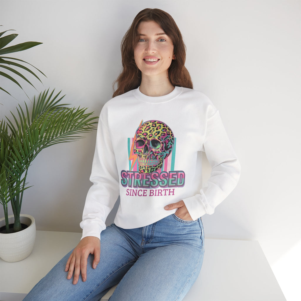 Stressed Since Birth Skull Crewneck Sweatshirt — Retro Neon Leopard Skull Pullover