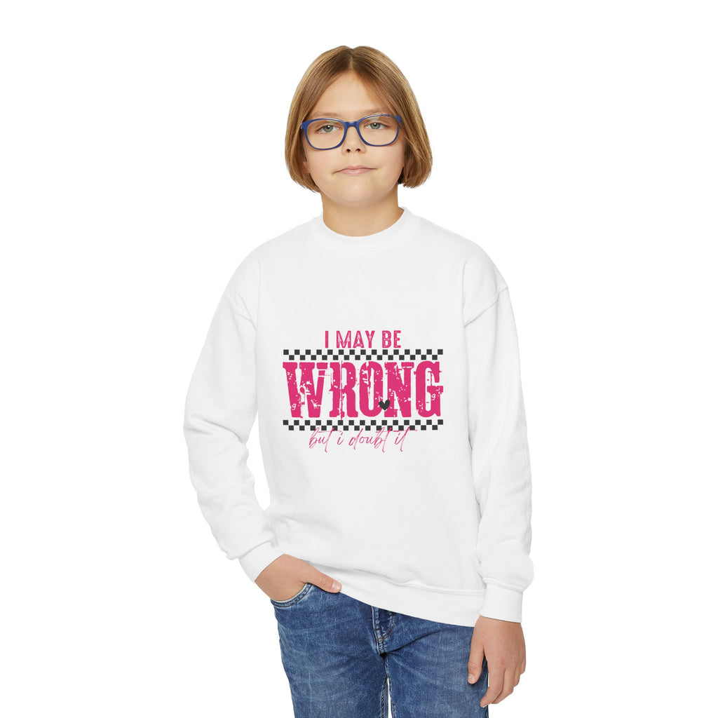 Youth Sweatshirt — “I May Be Wrong (But I Doubt It)” Pink Leopard Graphic