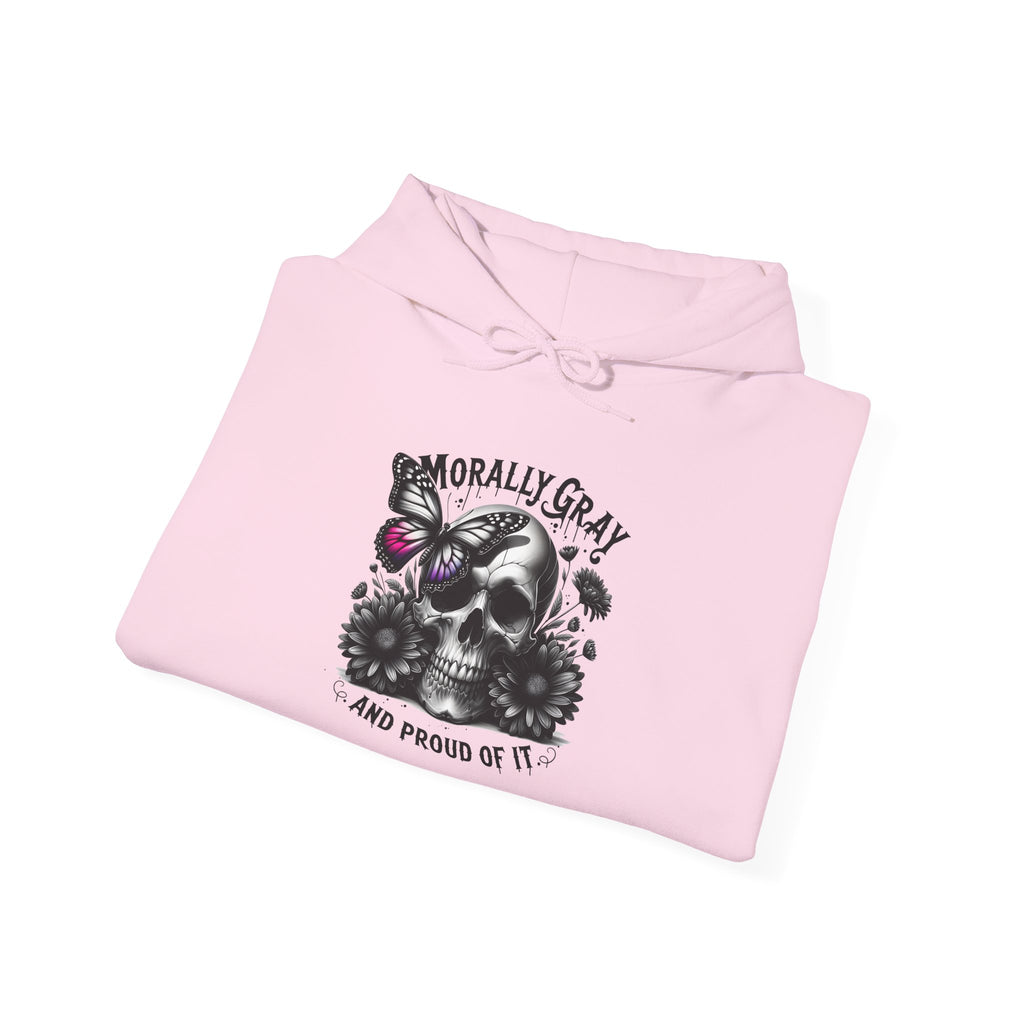 Hoodie — "Morally Gray and Proud of It" Skull & Butterfly Graphic