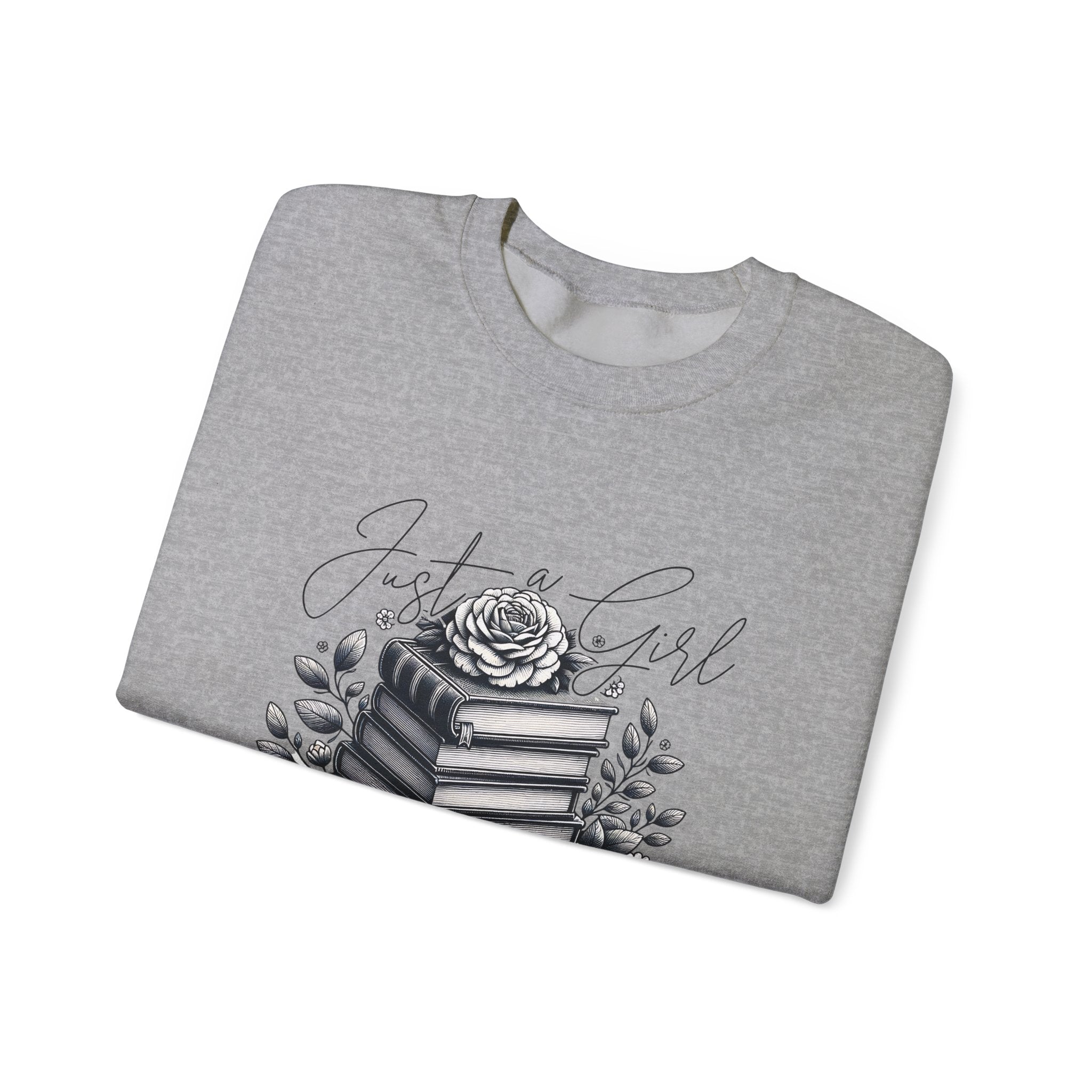 Book Lover Crewneck Sweatshirt — "Just a Girl Who Loves Books" Floral Stack Design