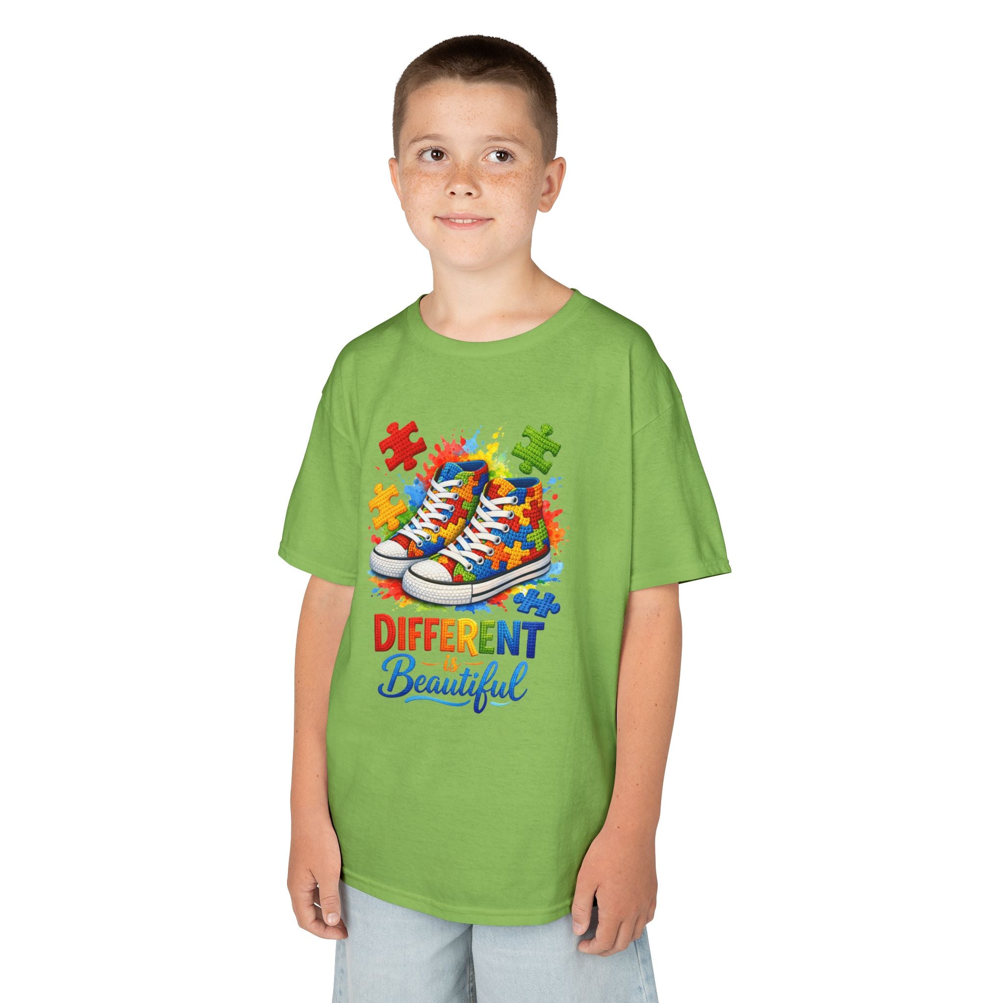 Kids T‑Shirt — 'Different Beautiful' Autism Awareness Sneakers Design