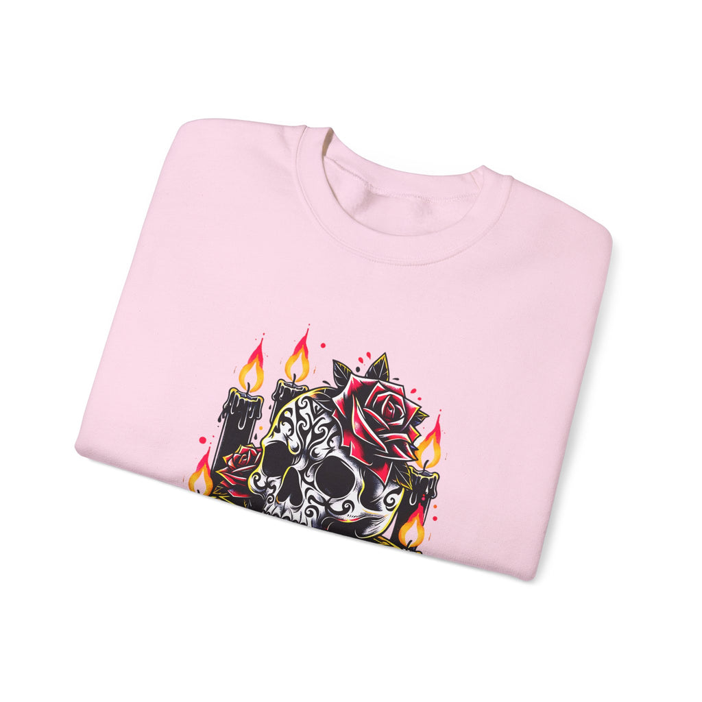 Skull & Rose Candle Crewneck Sweatshirt — Gothic Vintage Tattoo Design