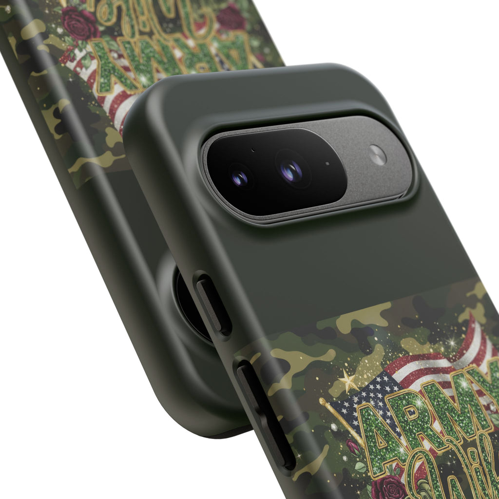 Army Wife Tough Phone Case — Camo Flag Design with Roses