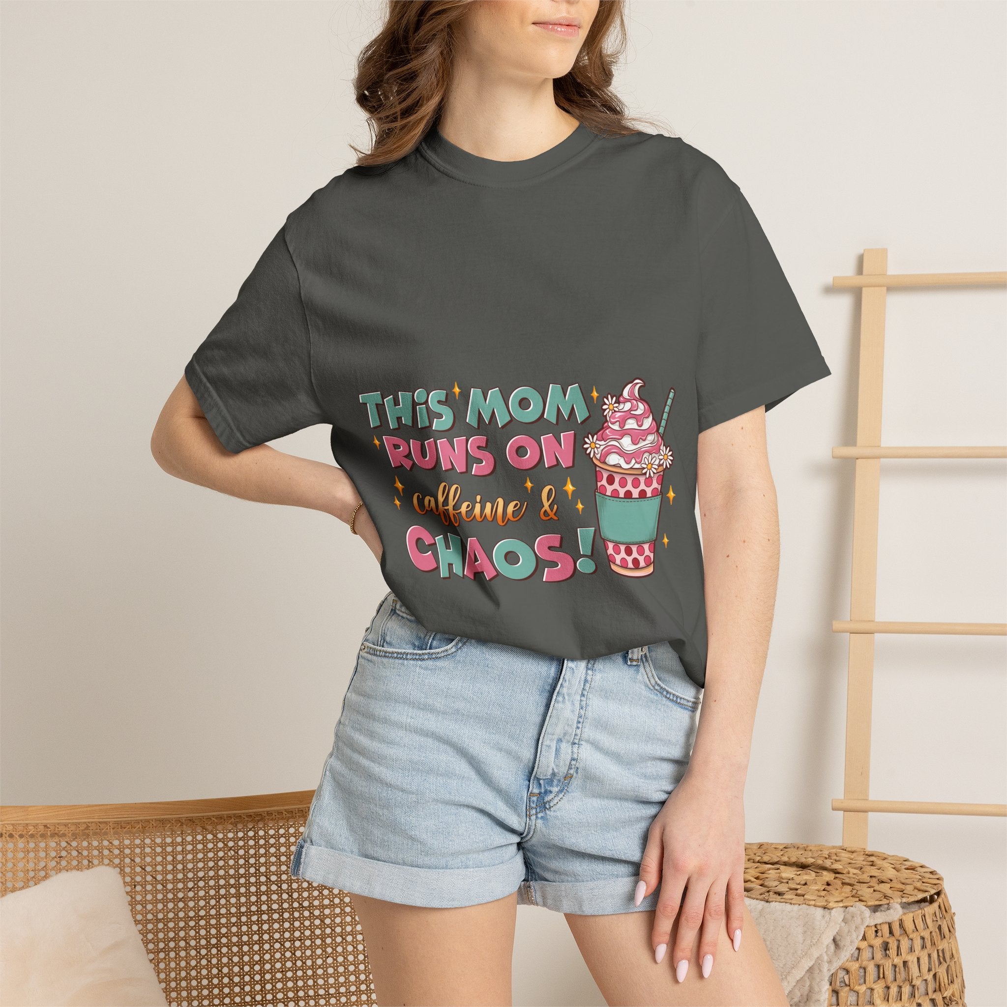 Mom Coffee T-Shirt — "This Mom Runs on Caffeine & Chaos" Cute Graphic Tee