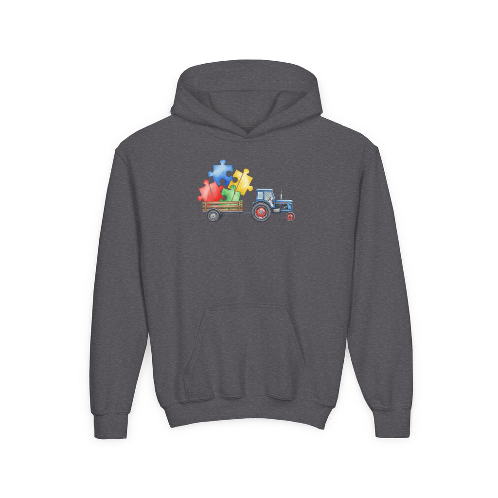 Kids Tractor Hoodie with Colorful Puzzle Pieces — Autism Awareness Youth Sweatshirt
