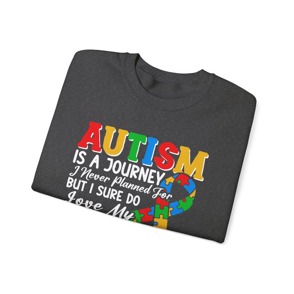 Autism Mom Crewneck Sweatshirt — "Autism Is A Journey" Colorful Puzzle-Heart Design