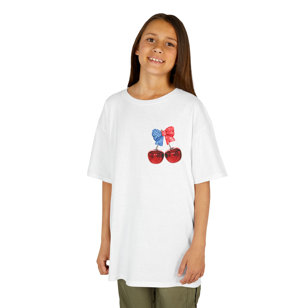 Kids Tee — Patriotic Cherry Graphic "All American Girl" — 4th of July Summer Shirt