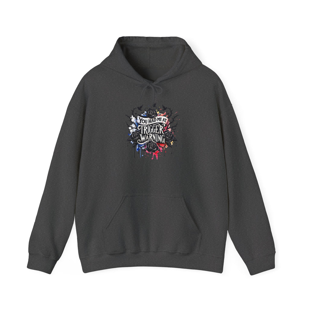 Trigger Warning Graphic Hoodie — Edgy Drip Paint Design