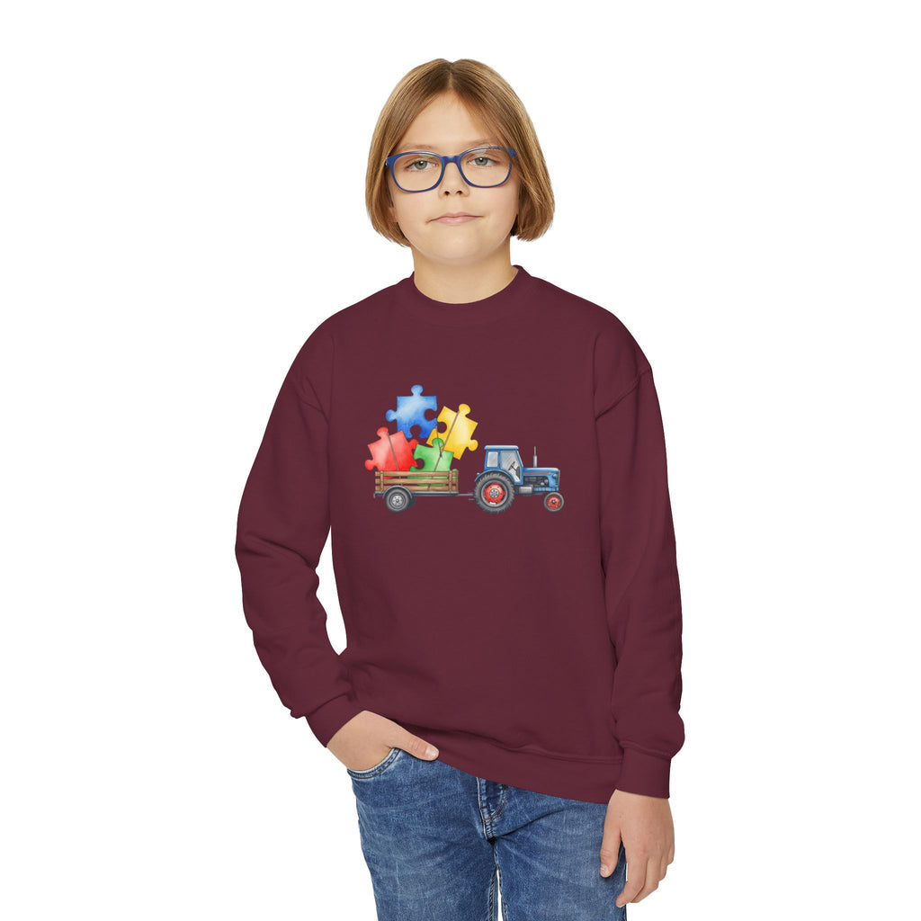 Youth Crewneck Sweatshirt – Tractor with Colorful Puzzle Pieces Kids Pullover (Autism Awareness)