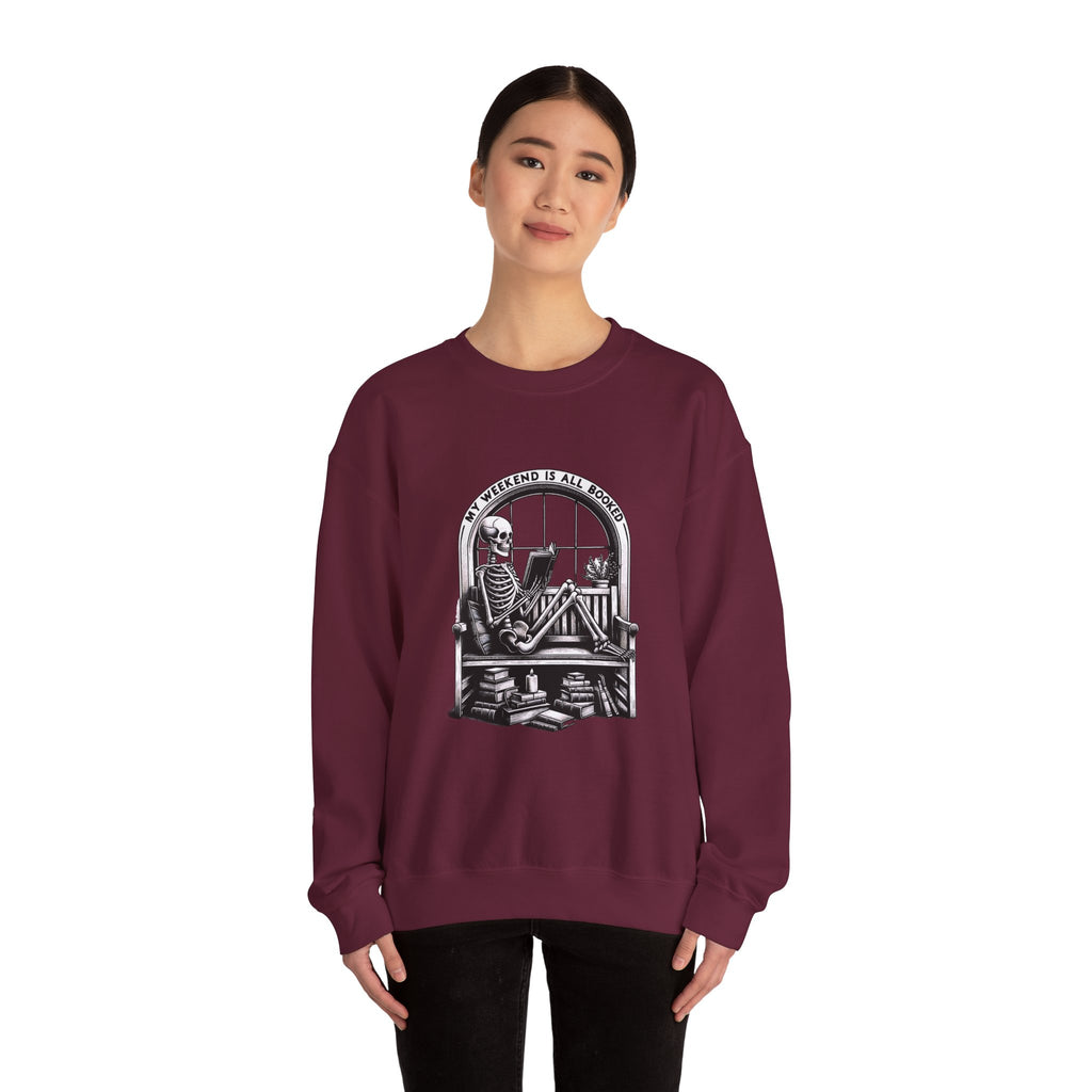 Skeleton Reading Sweatshirt — "My Weekend Is All Booked" Cozy Crewneck