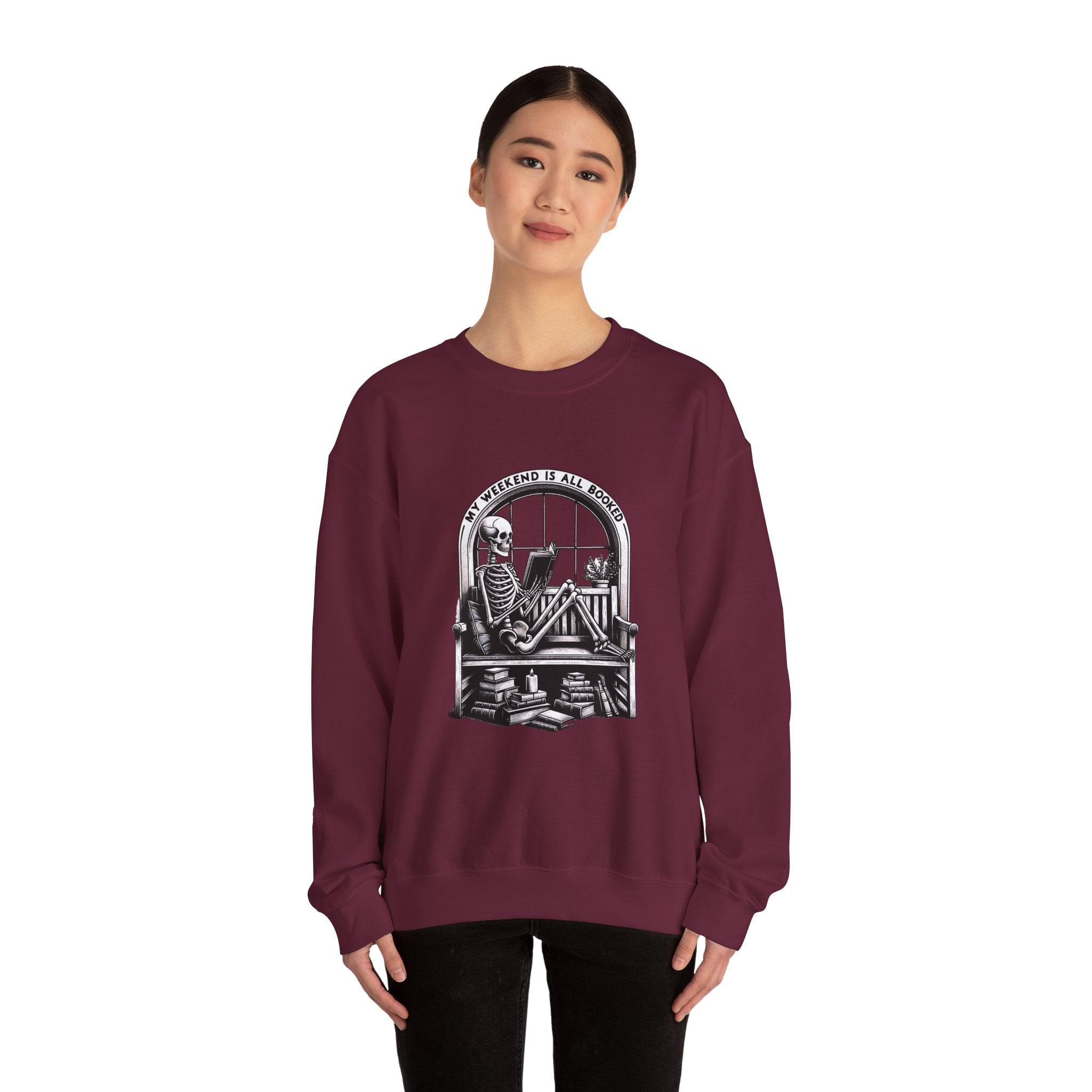 Skeleton Reading Sweatshirt — "My Weekend Is All Booked" Cozy Crewneck