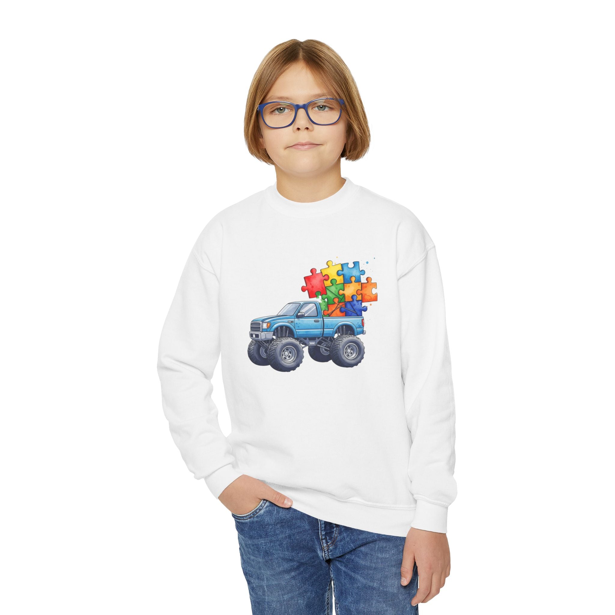 Kids Monster Truck Sweatshirt with Colorful Puzzle Pieces – Autism Awareness Crewneck