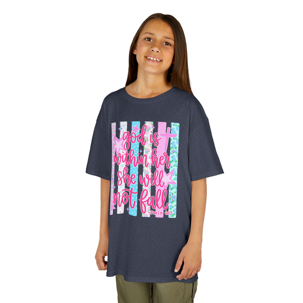 Kids Tee — "God is Within Her She Will Not Fall" Inspirational Girls T‑Shirt (Pink & Pastel)