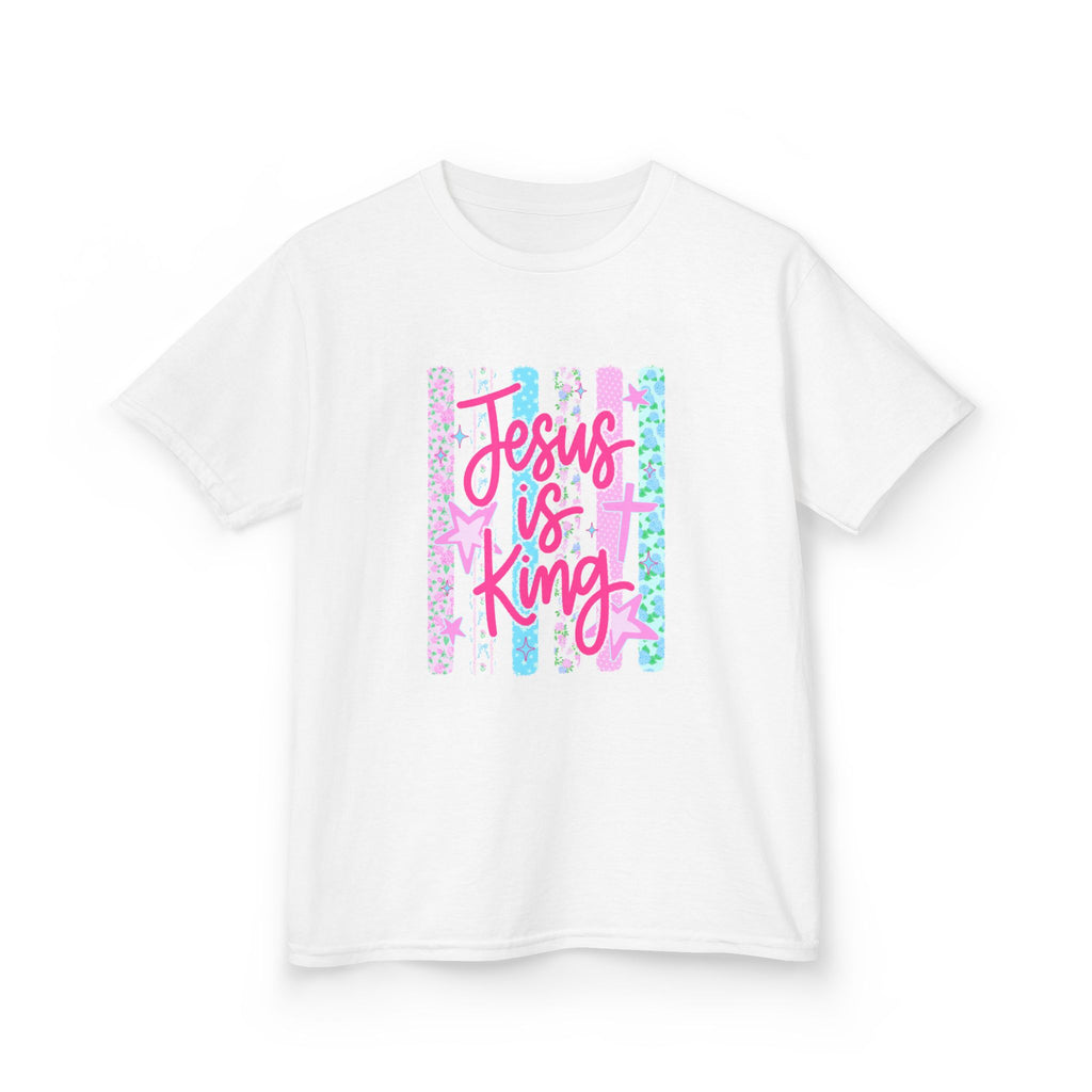 Kids Tee — "Jesus Is King" Pastel Striped Christian T‑Shirt