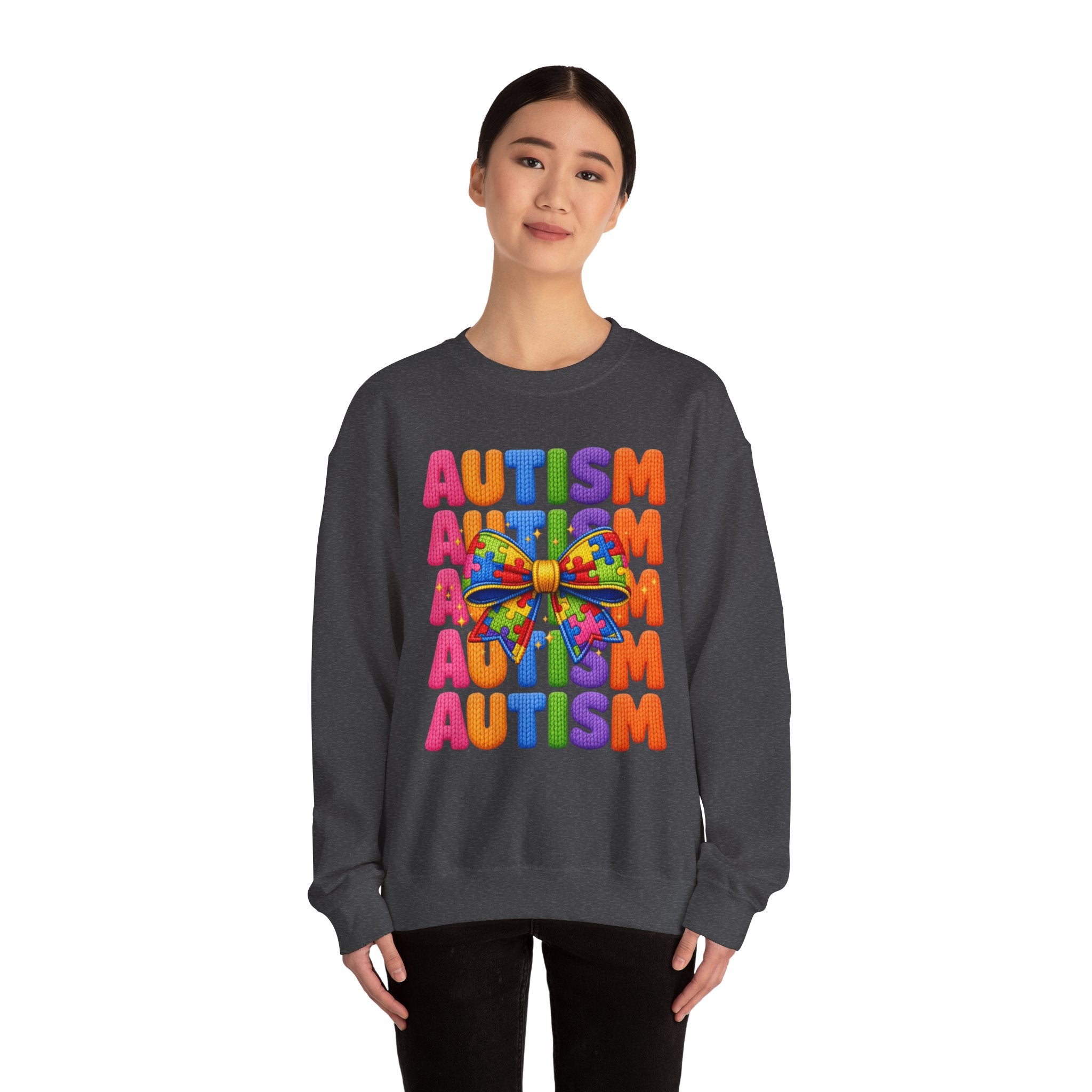 Autism Awareness Crewneck Sweatshirt — Colorful Puzzle Bow Design