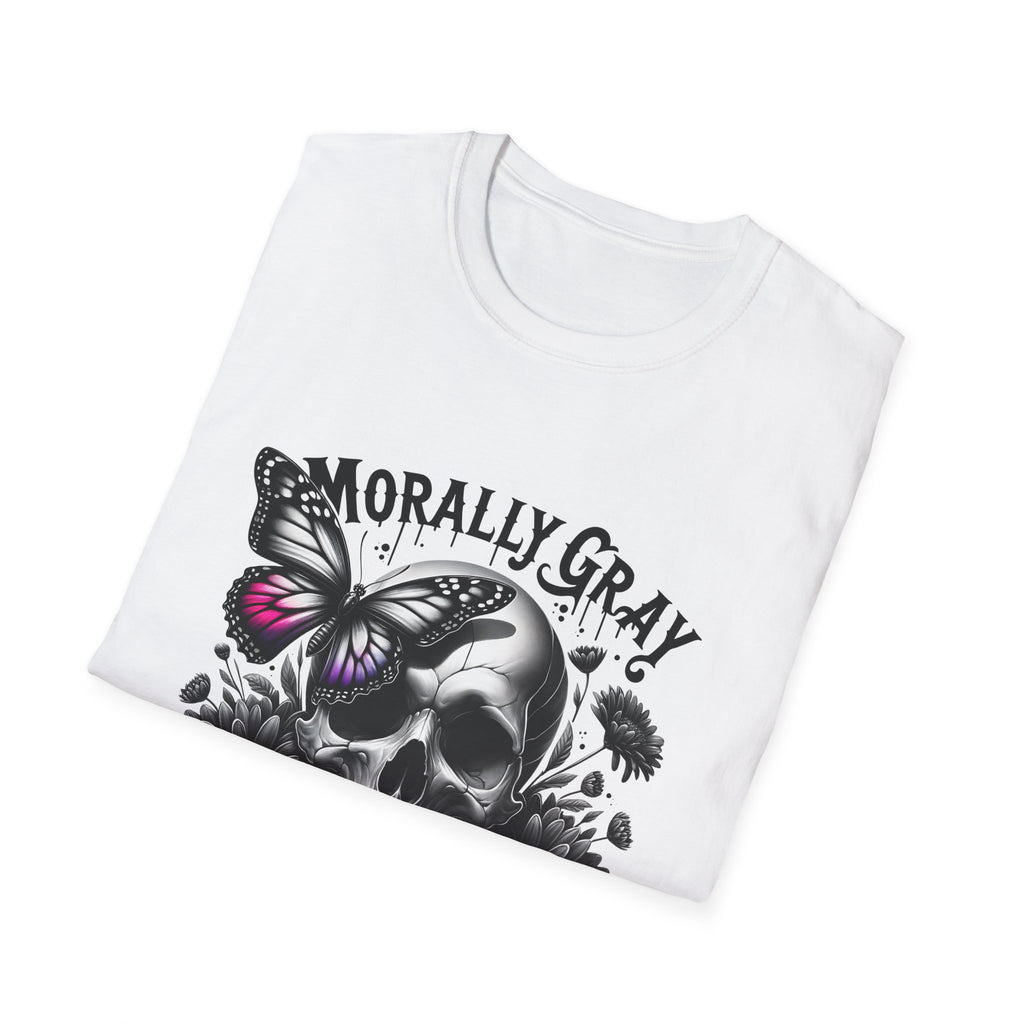 Morally Gray Skull T-Shirt — "Morally Gray and Proud of It" Gothic Butterfly Tee