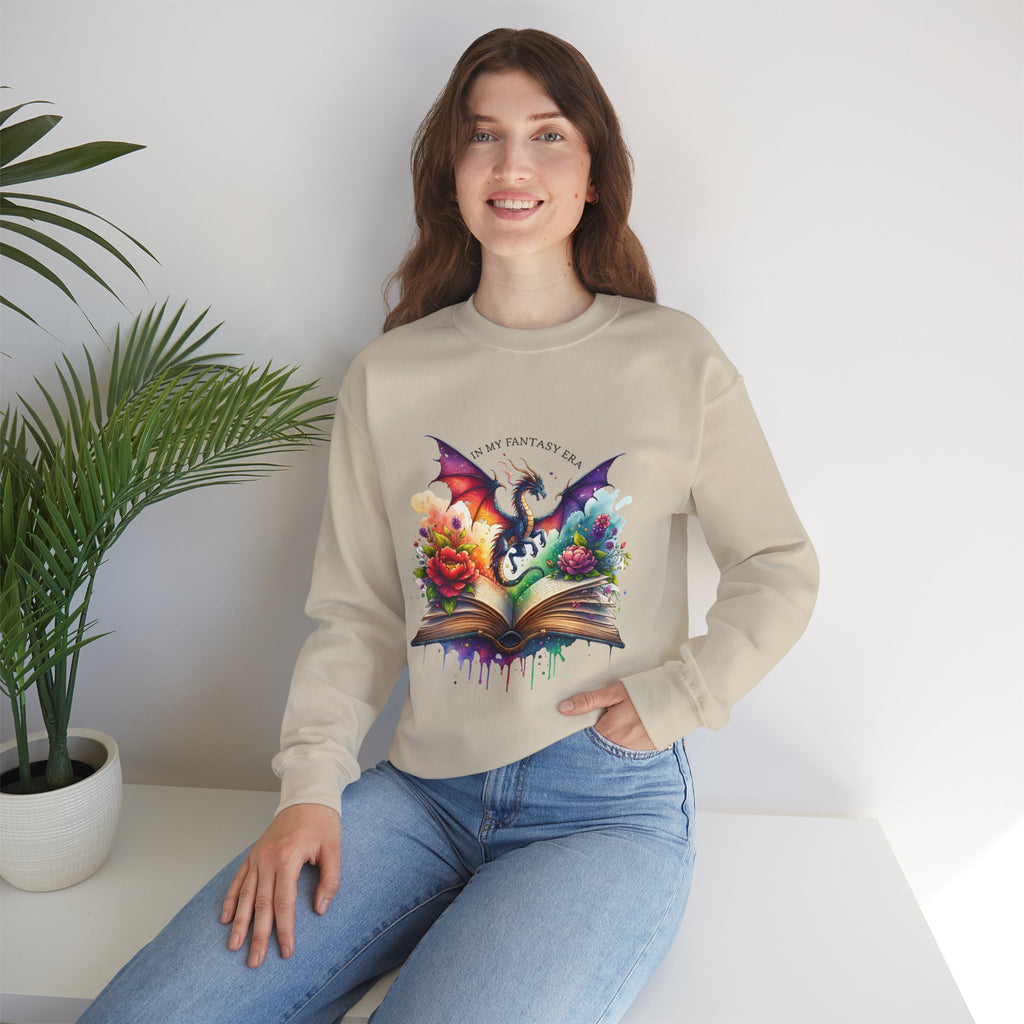 Crewneck Sweatshirt — Fantasy Dragon Emerging From Open Book with Flowers
