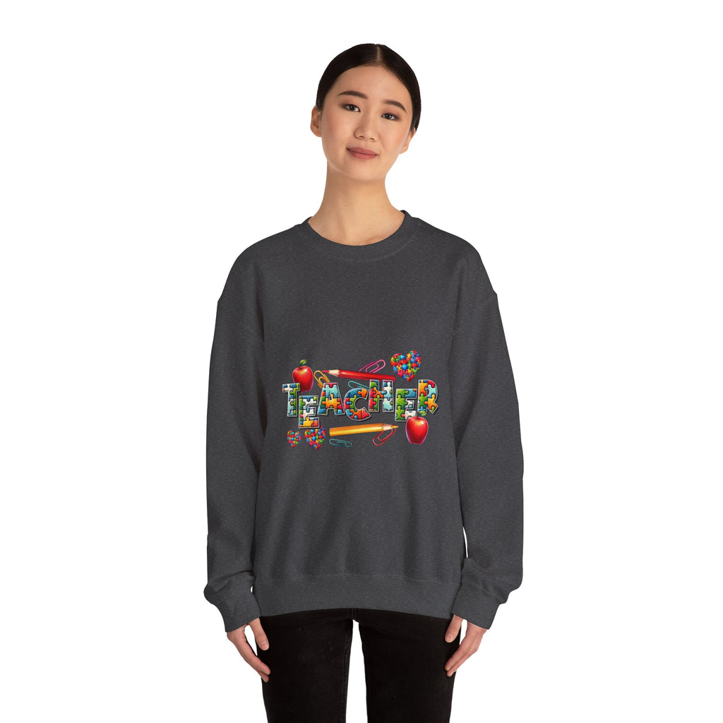 Teacher Crewneck Sweatshirt — Colorful Apple & School Supply Design
