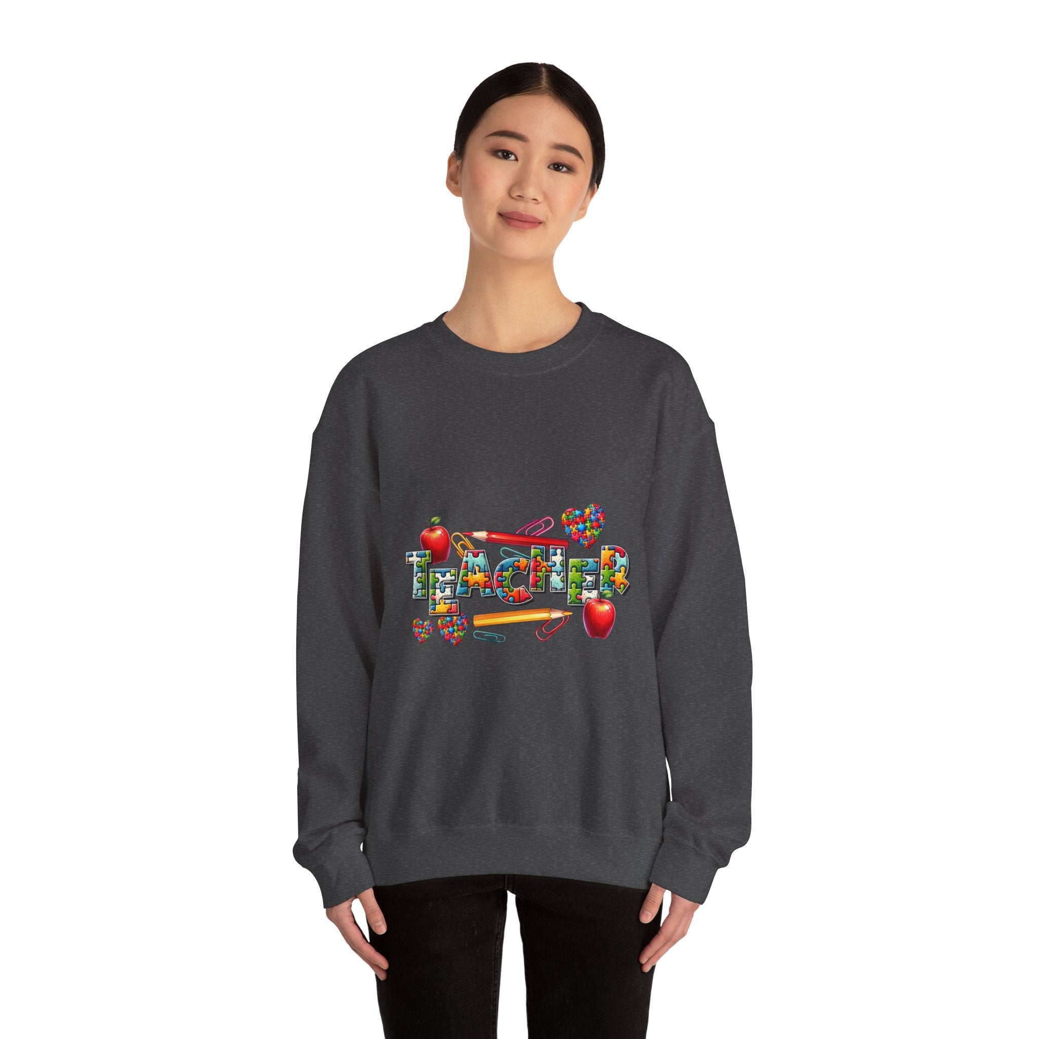 Teacher Crewneck Sweatshirt — Colorful Apple & School Supply Design