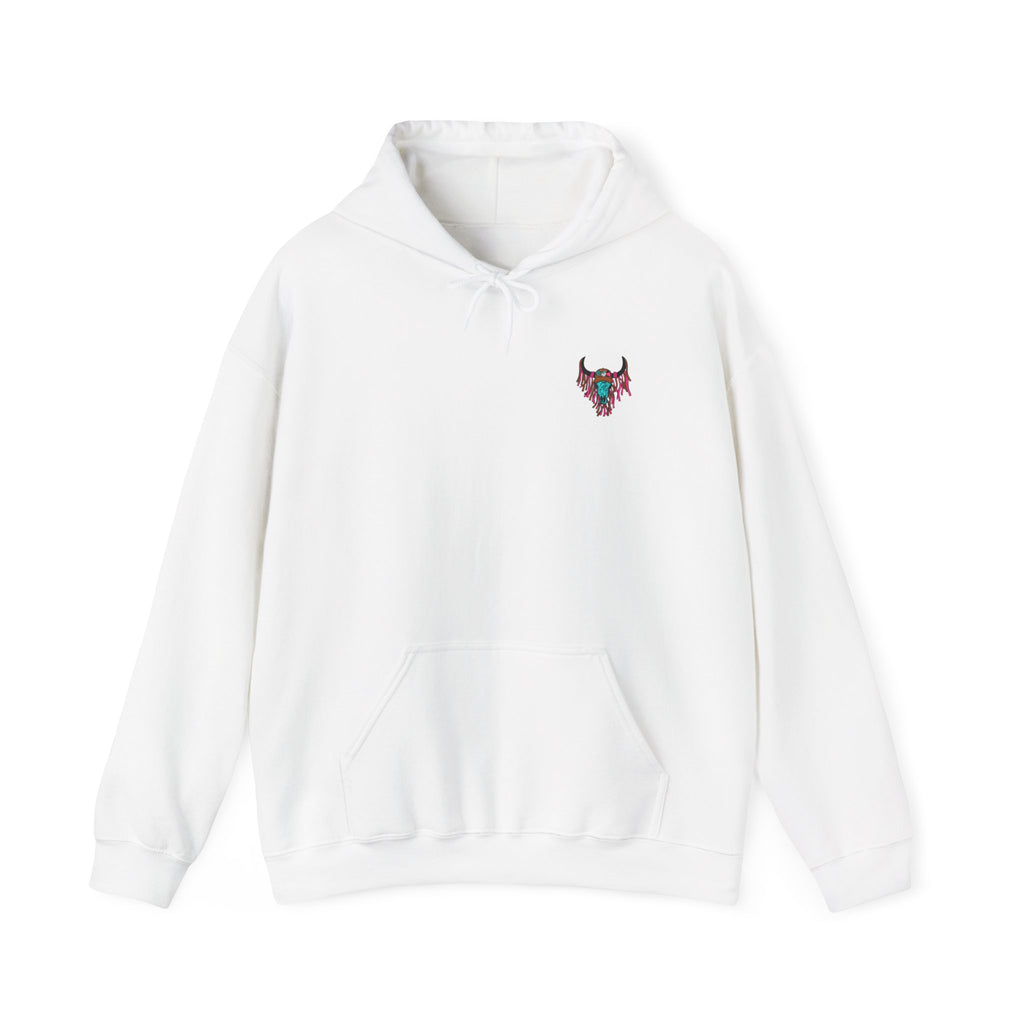 Double-sided Bull Skull Graphic Hoodie – Teal & Brown Desert Cow Skull Pullover