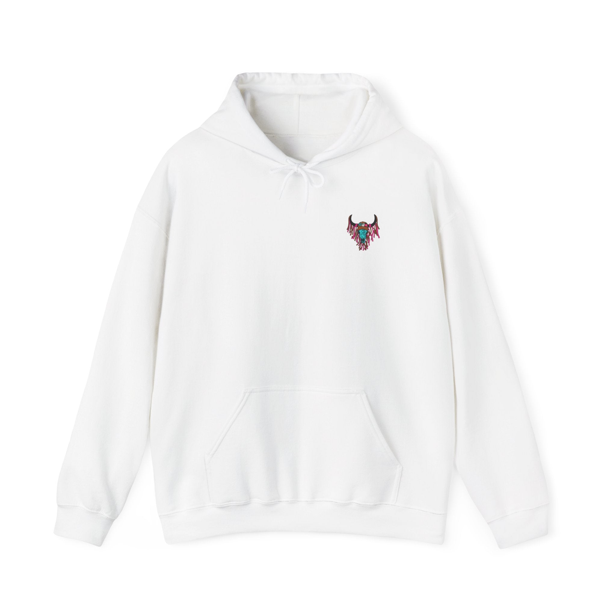 Double-sided Bull Skull Graphic Hoodie – Teal & Brown Desert Cow Skull Pullover